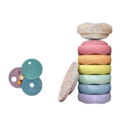 Grimm's x Stapelstein Set - Original Rainbow Complete Pastel Set of 8 ( Super Confetti Board) + Grimm's Rolling Disc Set
