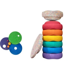 Grimm's x Stapelstein Set - Original Rainbow Classic Complete Set of 8 ( Super Confetti Board) + Grimm's Rolling Disc Set