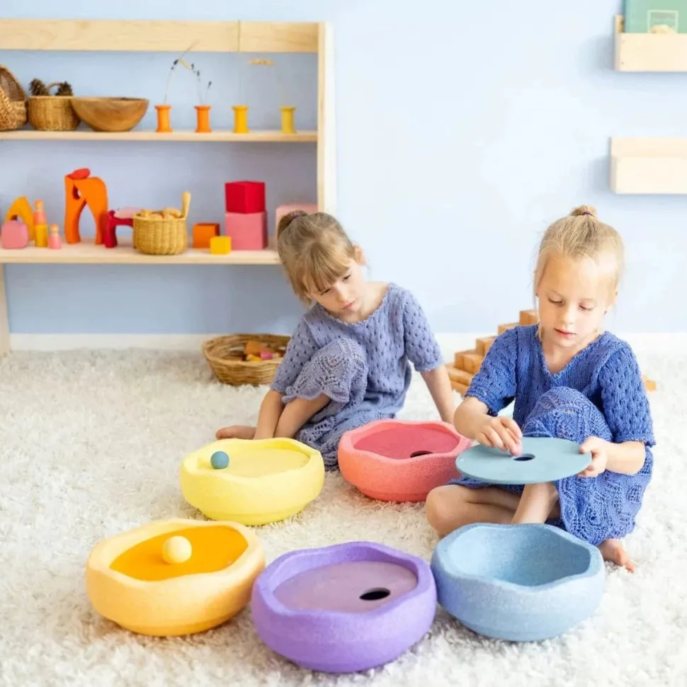 Grimm's x Stapelstein Set - Original Rainbow Complete Pastel Set of 8 ( Super Confetti Board) + Grimm's Rolling Disc Set