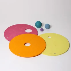 Grimm's x Stapelstein Set - Original Rainbow Complete Pastel Set of 8 ( Super Confetti Board) + Grimm's Rolling Disc Set