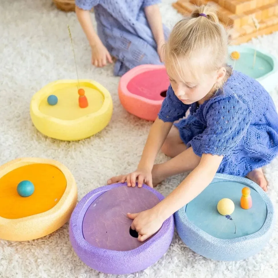Grimm's x Stapelstein Set - Original Rainbow Complete Pastel Set of 8 ( Super Confetti Board) + Grimm's Rolling Disc Set