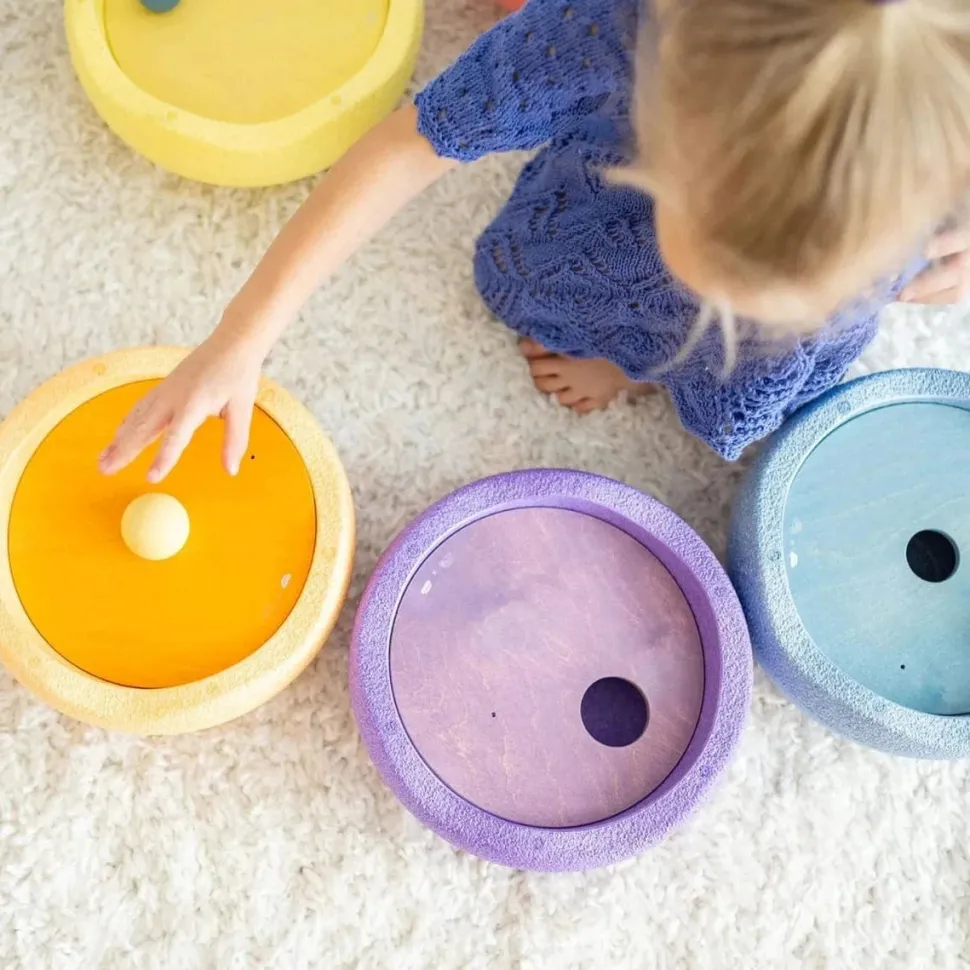 Grimm's x Stapelstein Set - Original Rainbow Complete Pastel Set of 8 ( Super Confetti Board) + Grimm's Rolling Disc Set
