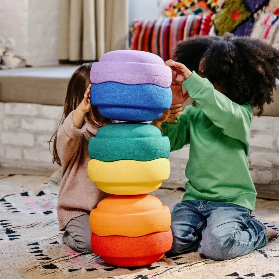 Grimm's x Stapelstein Set - Original Rainbow Classic Set of 7 ( Super Confetti Board) + Grimm's Rolling Disc Set