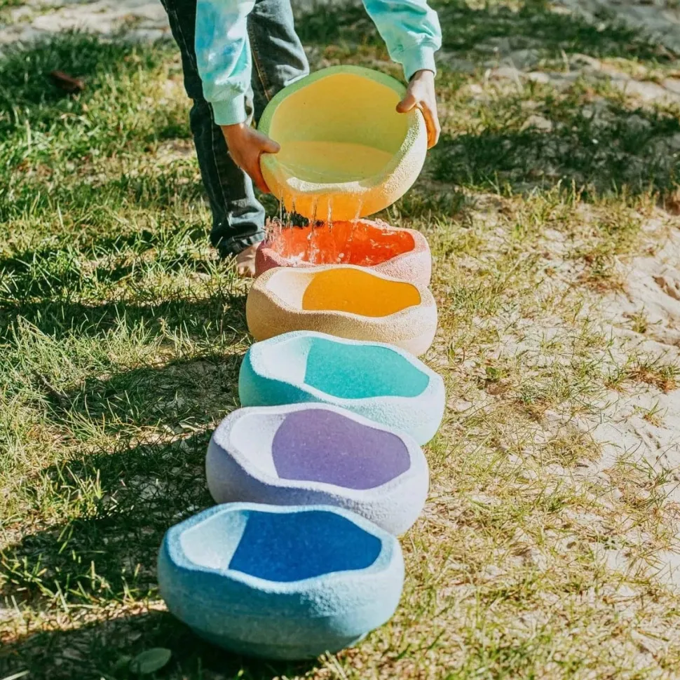 Grimm's x Stapelstein Set - Original Rainbow Complete Pastel Set of 8 ( Super Confetti Board) + Grimm's Rolling Disc Set