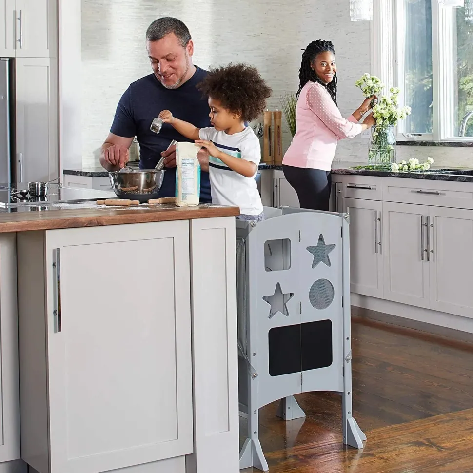 Guidecraft Classic Kitchen Helper Stool with 2 Keepers-Grey