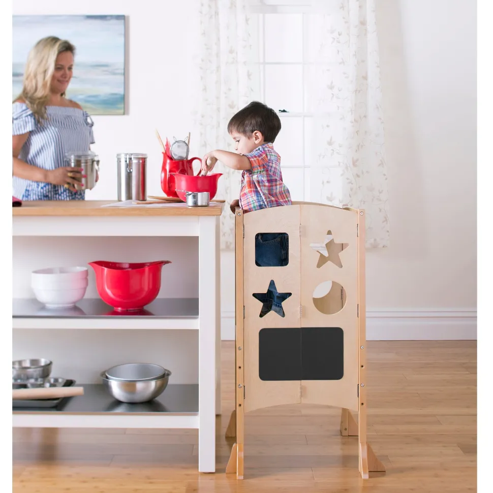 Guidecraft Classic Kitchen Helper Stool with 2 Keepers-Natural
