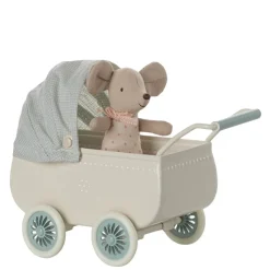 Maileg Pram with Baby Mouse Mint