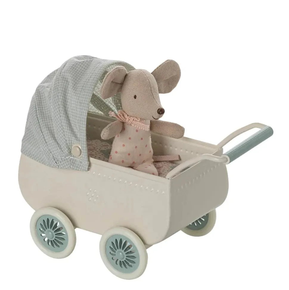 Maileg Pram with Baby Mouse Mint
