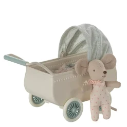 Maileg Pram with Baby Mouse Mint