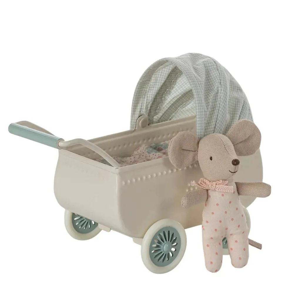 Maileg Pram with Baby Mouse Mint