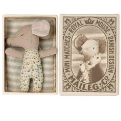 Maileg Sleepy-Wakey Baby Mouse in Box Blue