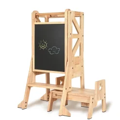 My Duckling New Deluxe Solid Wood Adjustable Learning Tower - Flag with Duck Stool Handle