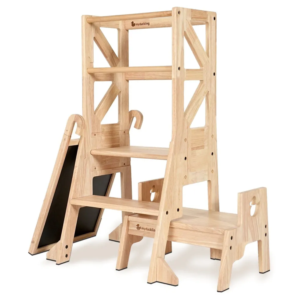 My Duckling New Deluxe Solid Wood Adjustable Learning Tower - Flag with Duck Stool Handle