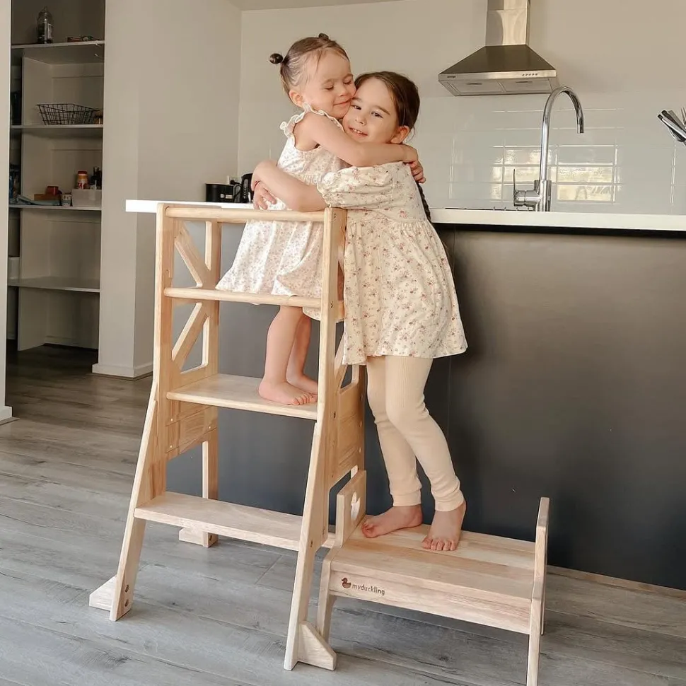 My Duckling New Deluxe Solid Wood Adjustable Learning Tower - Flag with Duck Stool Handle