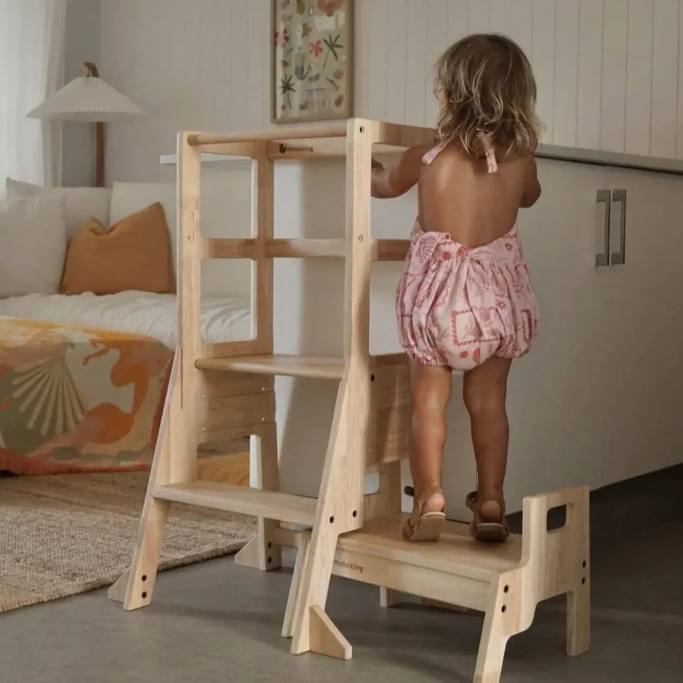The Full Mini Chef: My Duckling Solid Wood Adjustable Learning Tower 3in1 - Deluxe(Rectangle Stool Handle) set