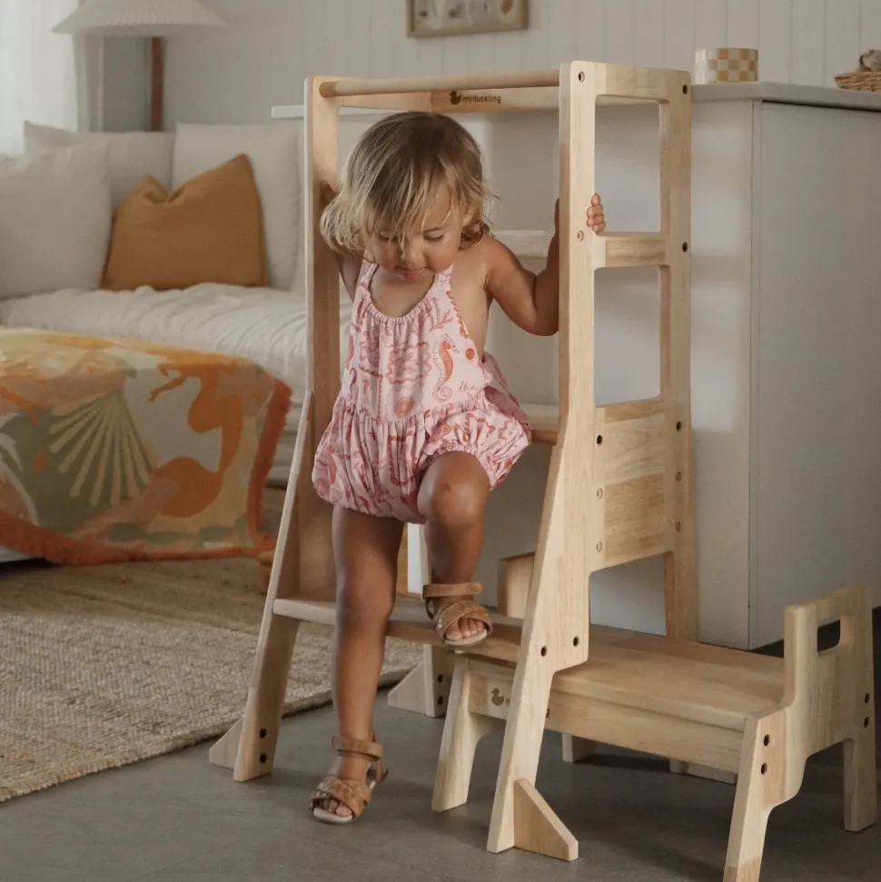 The Full Mini Chef: My Duckling Solid Wood Adjustable Learning Tower 3in1 - Deluxe(Rectangle Stool Handle) set