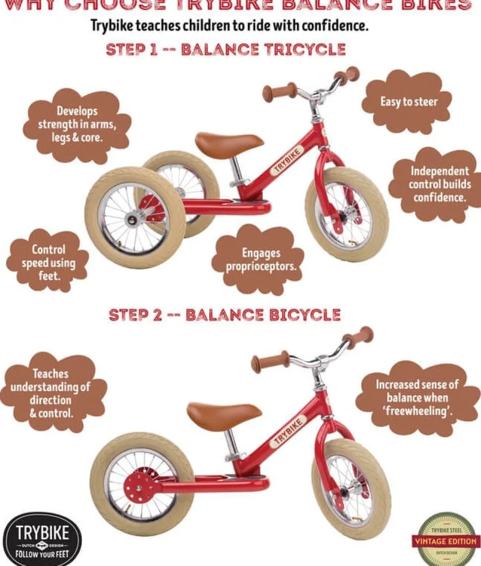 Trybike 2 in 1 Vintage Steel Balance Bike - Red